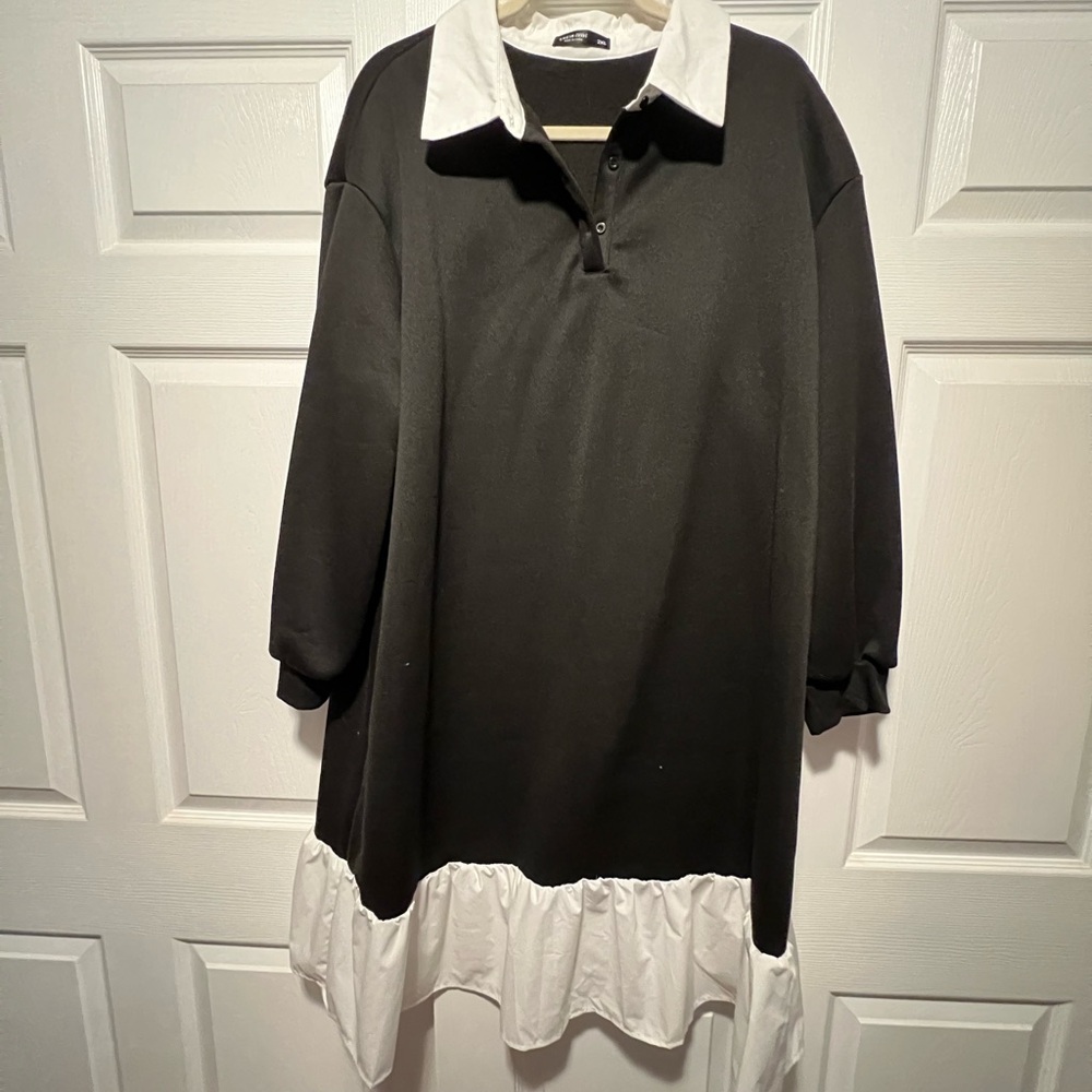 Black and White Collared Ruffle Hem Dress